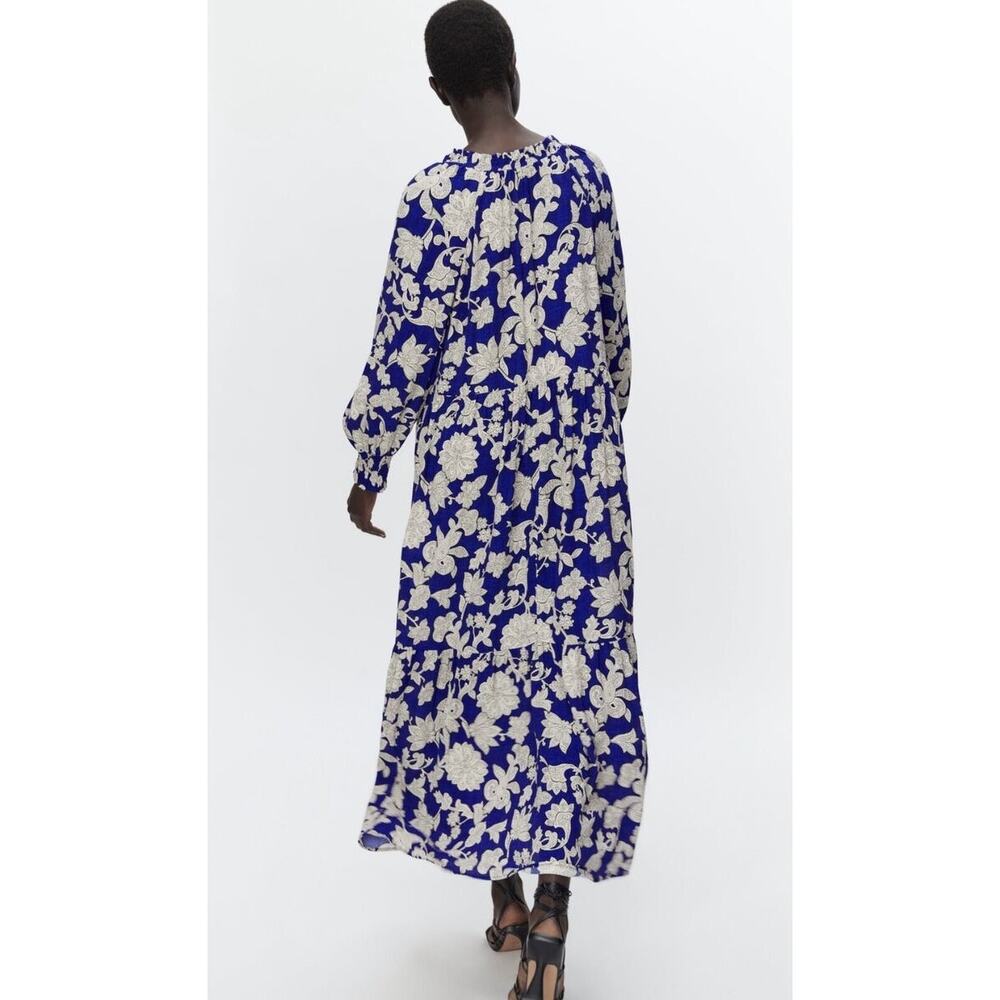 Zara Blue White Floral Plunge V-Neck 3/4 Balloon Sleeve Midi Maxi A-line Dress M - Picture 6 of 11